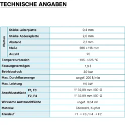 Wiltec Wärmetauscher 20 Platten, max. 115 kW, 12 m³/h 1,00 l je Durchgang, Plattenwärmetauscher aus Edelstahl als Wärmeüberträger