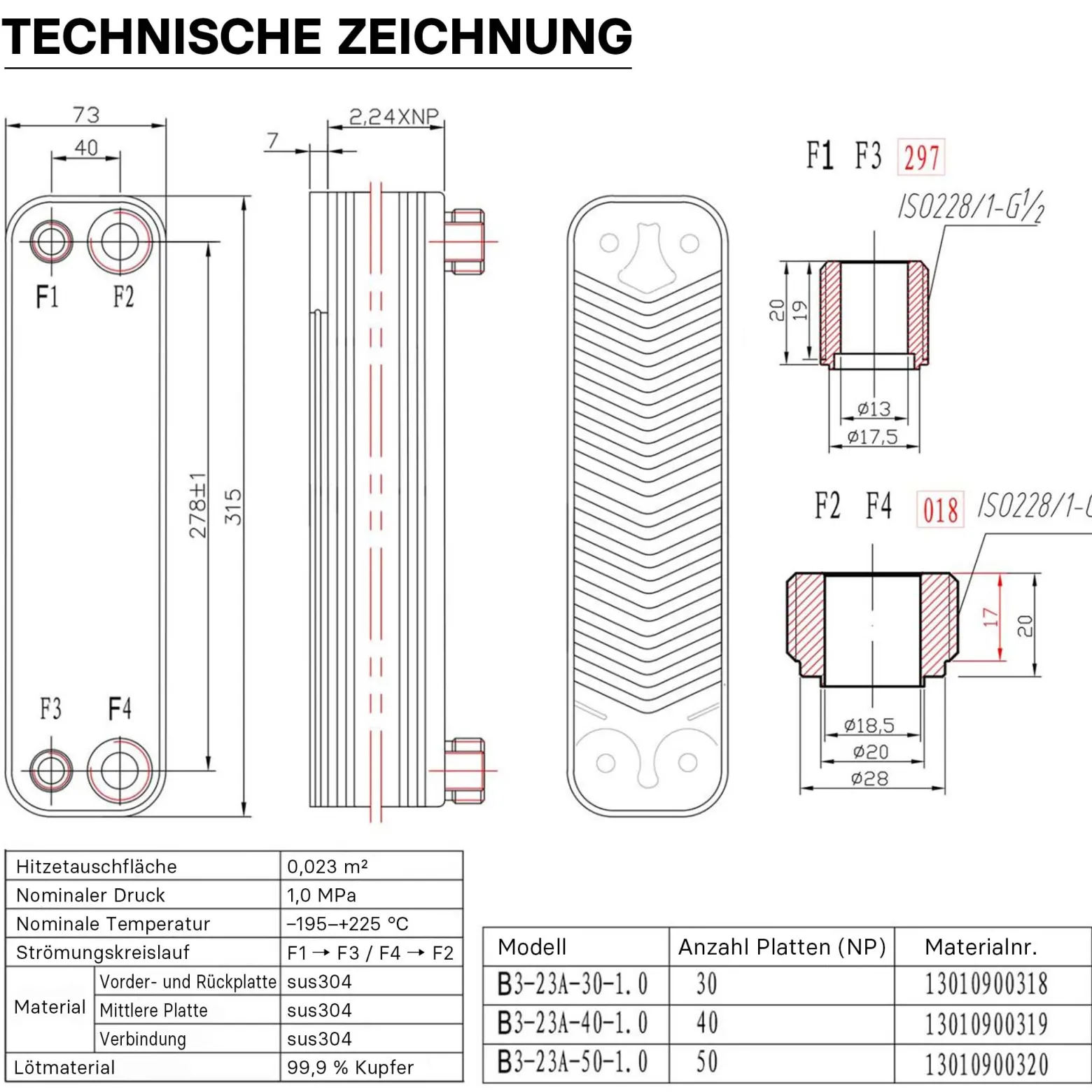 Wiltec Wärmetauscher 50 Platten, max. 210 kW, 4 m³/h 2,00 l je Durchgang, Plattenwärmetauscher aus Edelstahl als Wärmeüberträger