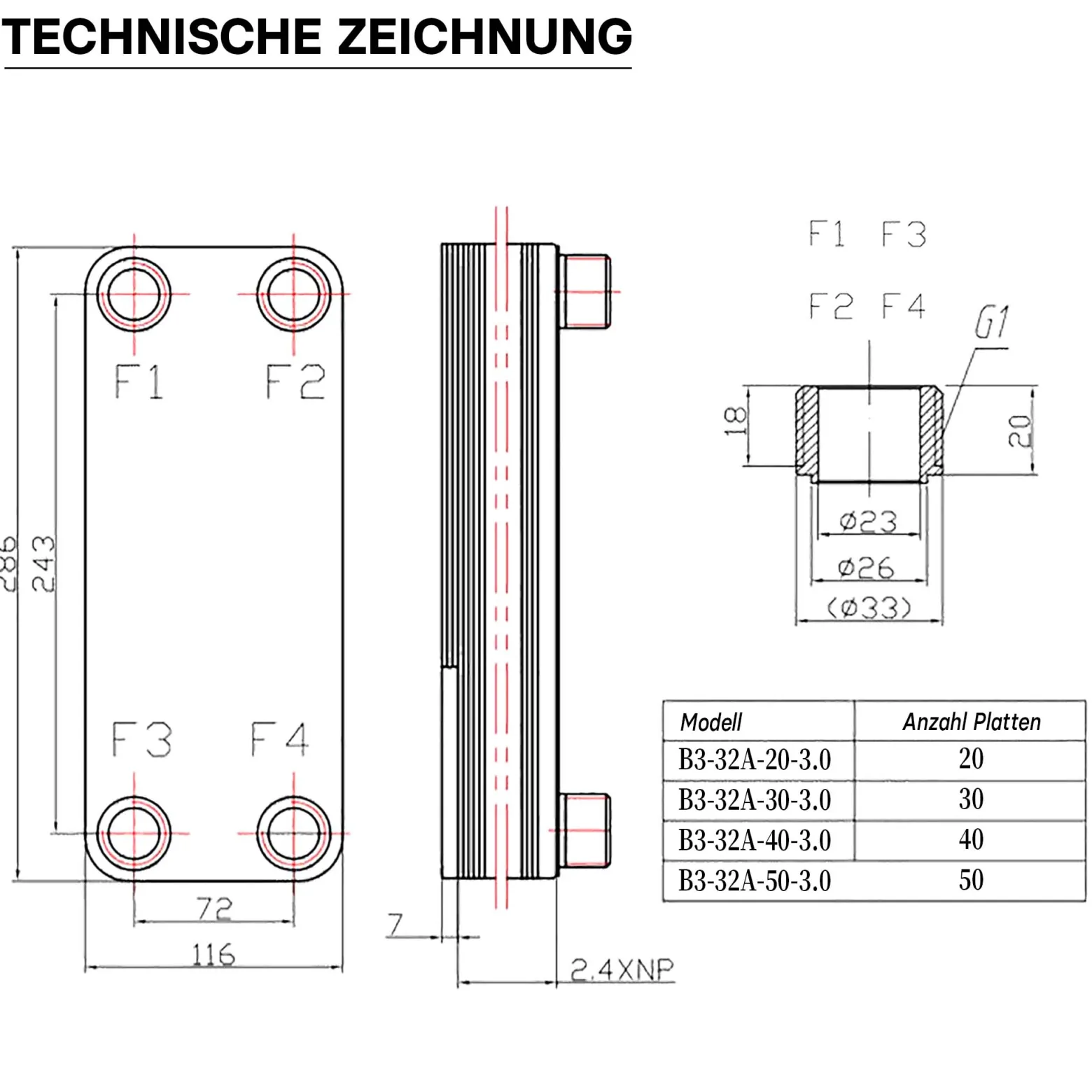 Wiltec Wärmetauscher 40 Platten, max. 230 kW, 12 m³/h 2,00 l je Durchgang, Plattenwärmetauscher aus Edelstahl als Wärmeüberträger