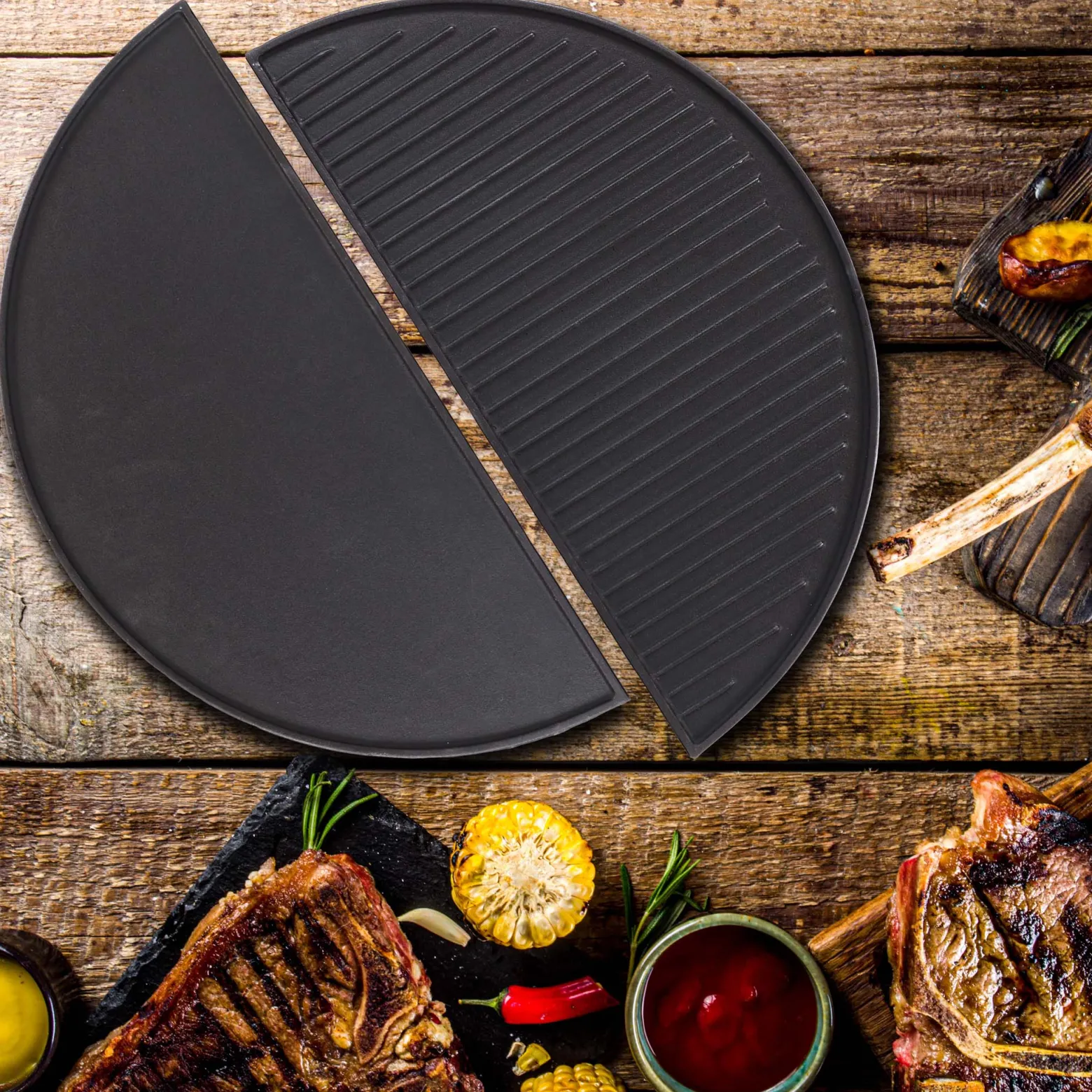 Wiltec 2x Gusseisen Grillplatte 49,8 x 24,3 x 1,5 cm, Gusseisenplatte für Grill mit guter Hitzespeicherung, Grillgitter für typische Grillstreifen auf Grillgut, Grillzubehör für BBQ