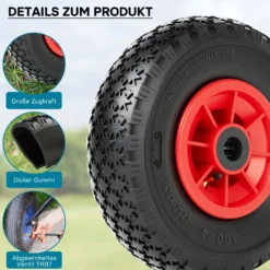 Wiltec 4x Rad 3.00-4 85 x 260 mm 90 kg, HT2046 Schubkarren Komplettrad mit Kunststofffelge, Winkelventil, Luftreifen für Sackkarre, Bollerwagen u.a .
