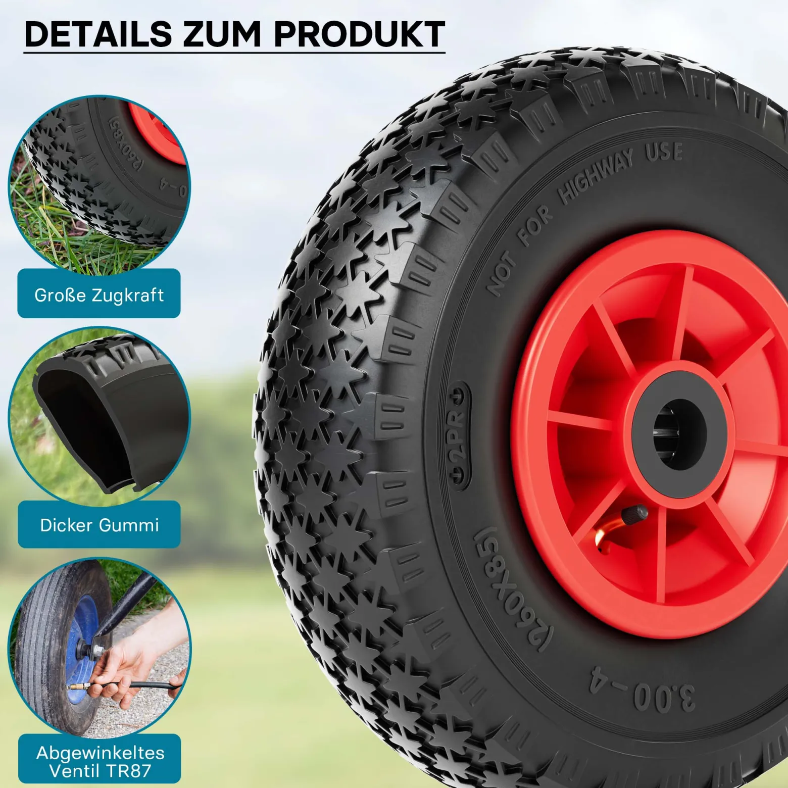Wiltec 4x Rad 3.00-4 85 x 260 mm 90 kg, HT2046 Schubkarren Komplettrad mit Kunststofffelge, Winkelventil, Luftreifen für Sackkarre, Bollerwagen u.a .