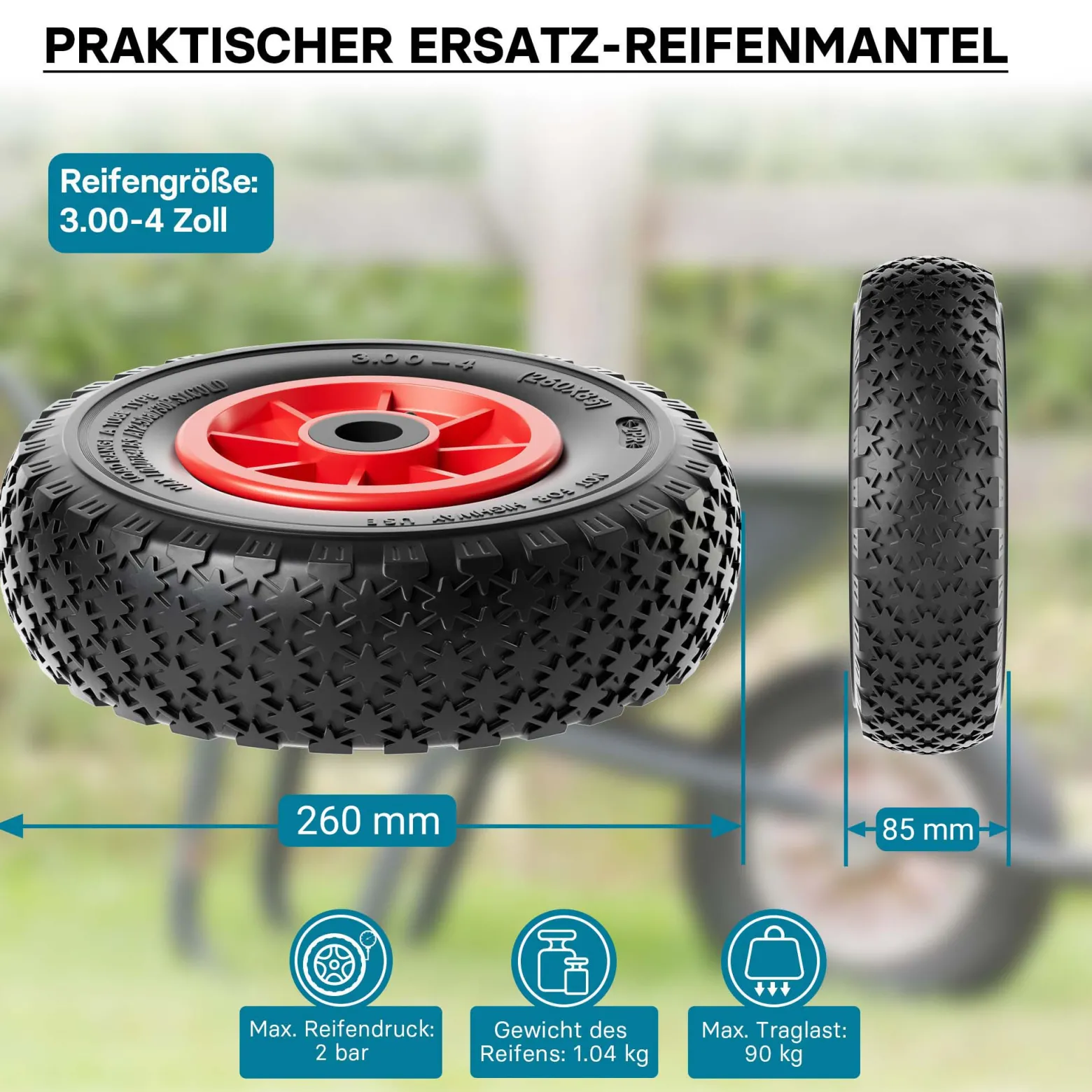 Wiltec 4x Rad 3.00-4 85 x 260 mm 90 kg, HT2046 Schubkarren Komplettrad mit Kunststofffelge, Winkelventil, Luftreifen für Sackkarre, Bollerwagen u.a .