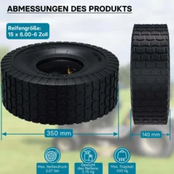 Wiltec 2x Reifenmantel 2x Schlauch für Aufsitzmäher/Rasentraktor 15x6.00-6 4PR Winkelventil