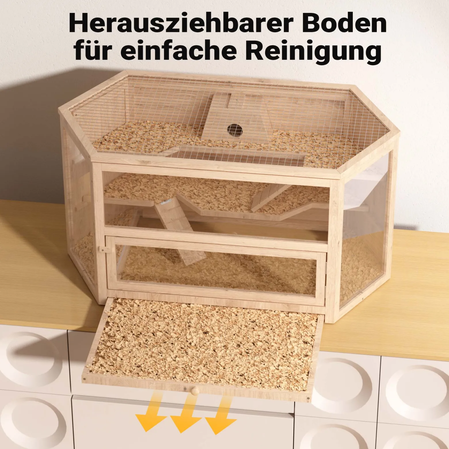 Wiltec XXL 3 Etagen Nagerkäfig, 6-eckig, 1150 x 600 x 580 mm, aus Holz, mit klappbarem Deckel & Sichtfenster, Kleintierhaus Mäusekäfig Hamsterkäfig