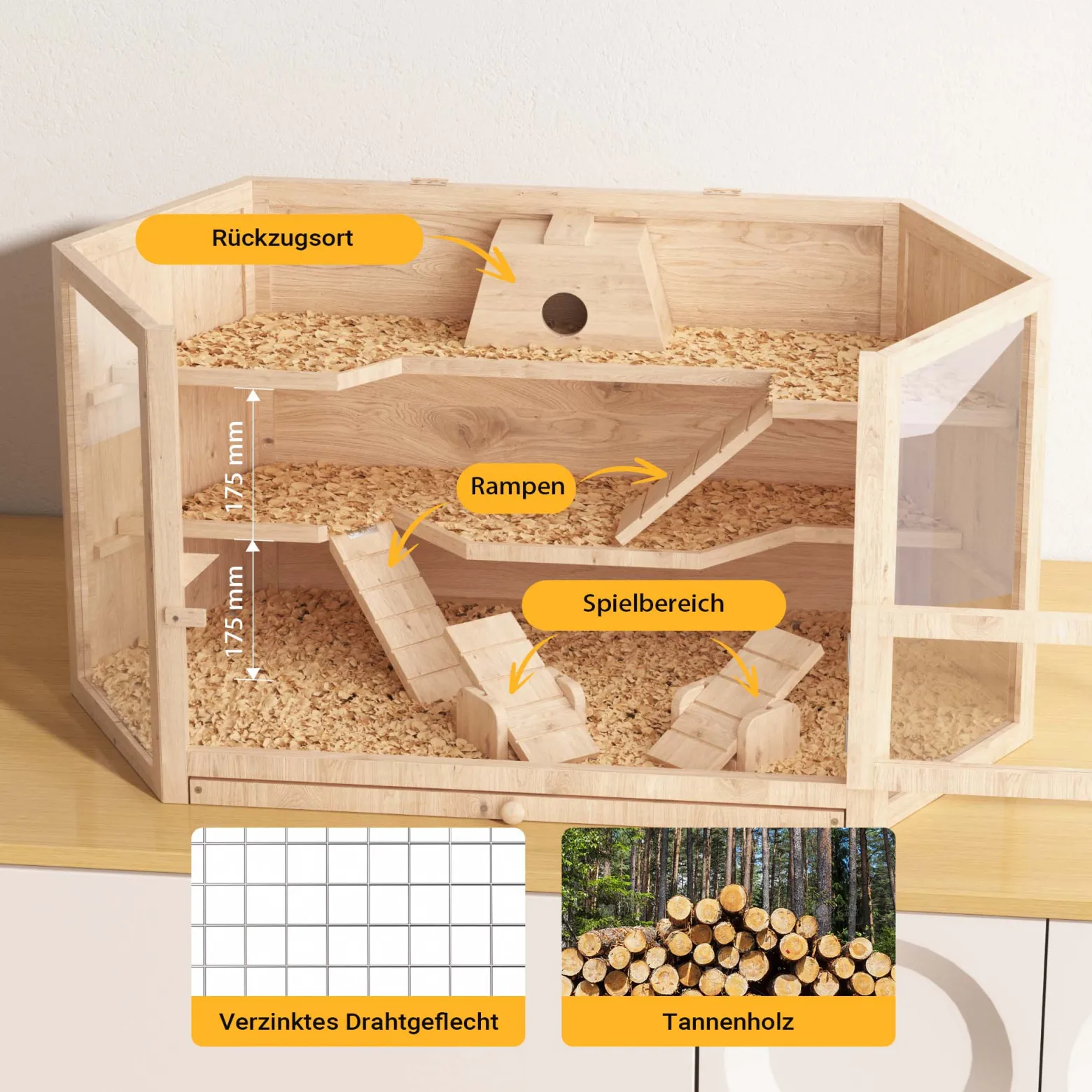 Wiltec XXL 3 Etagen Nagerkäfig, 6-eckig, 1150 x 600 x 580 mm, aus Holz, mit klappbarem Deckel & Sichtfenster, Kleintierhaus Mäusekäfig Hamsterkäfig