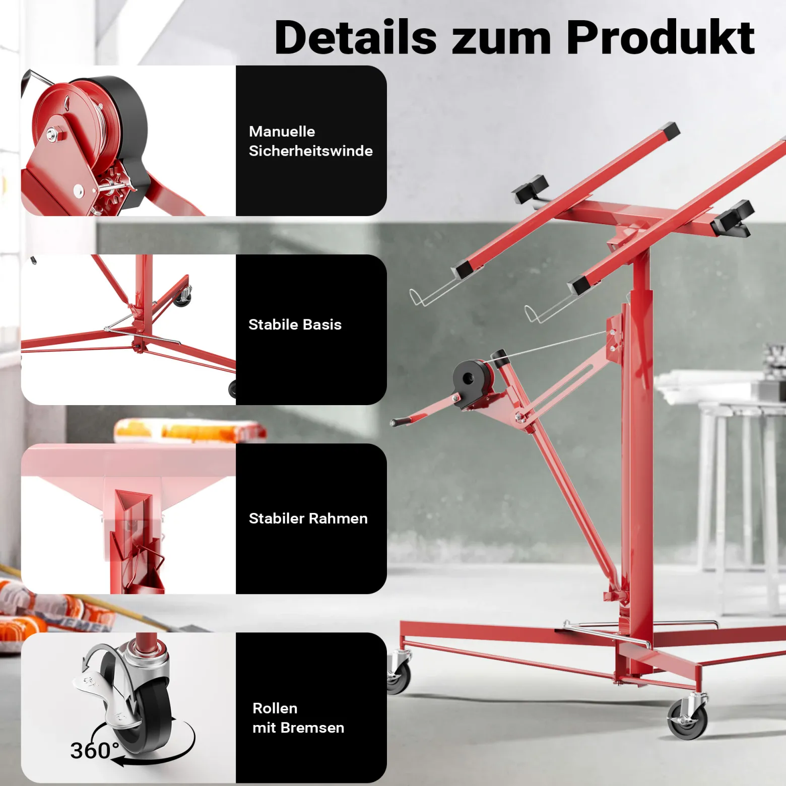 Wiltec XXL Plattenheber bis max. 68 kg, Höhe 140-350 cm, max. Breite 2,90 m, Trockenbau Montagehilfe 1-Mann-Bedienung, 3 Räder mit Feststellbremse, rot
