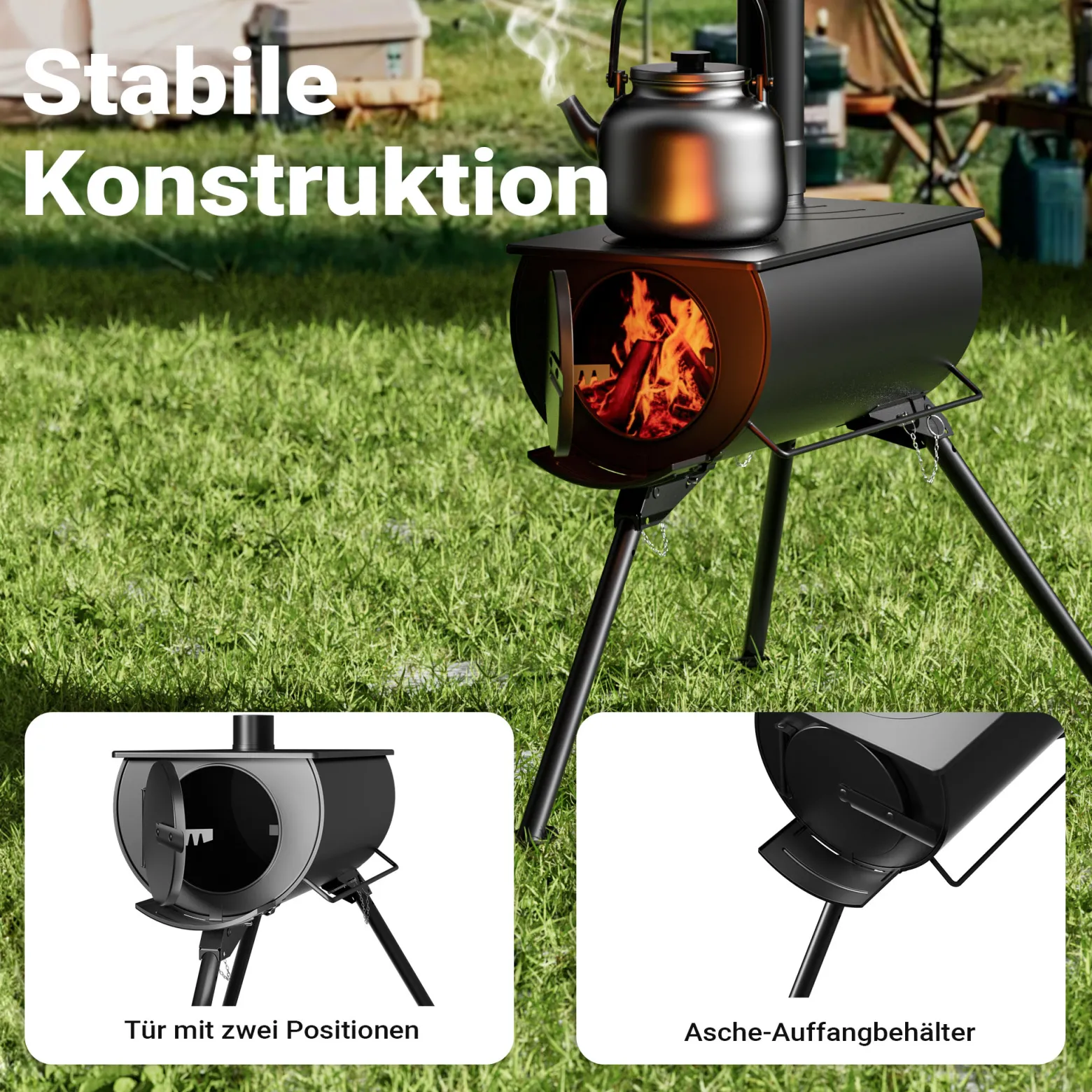 Wiltec Zeltofen Stahl (Q235), robuster Campingofen 85 x 57,5 x 238 cm, Holzofen mit Rauchabzug Ø 6 cm x 40 cm, Zeltheizung sichere Abgasableitung