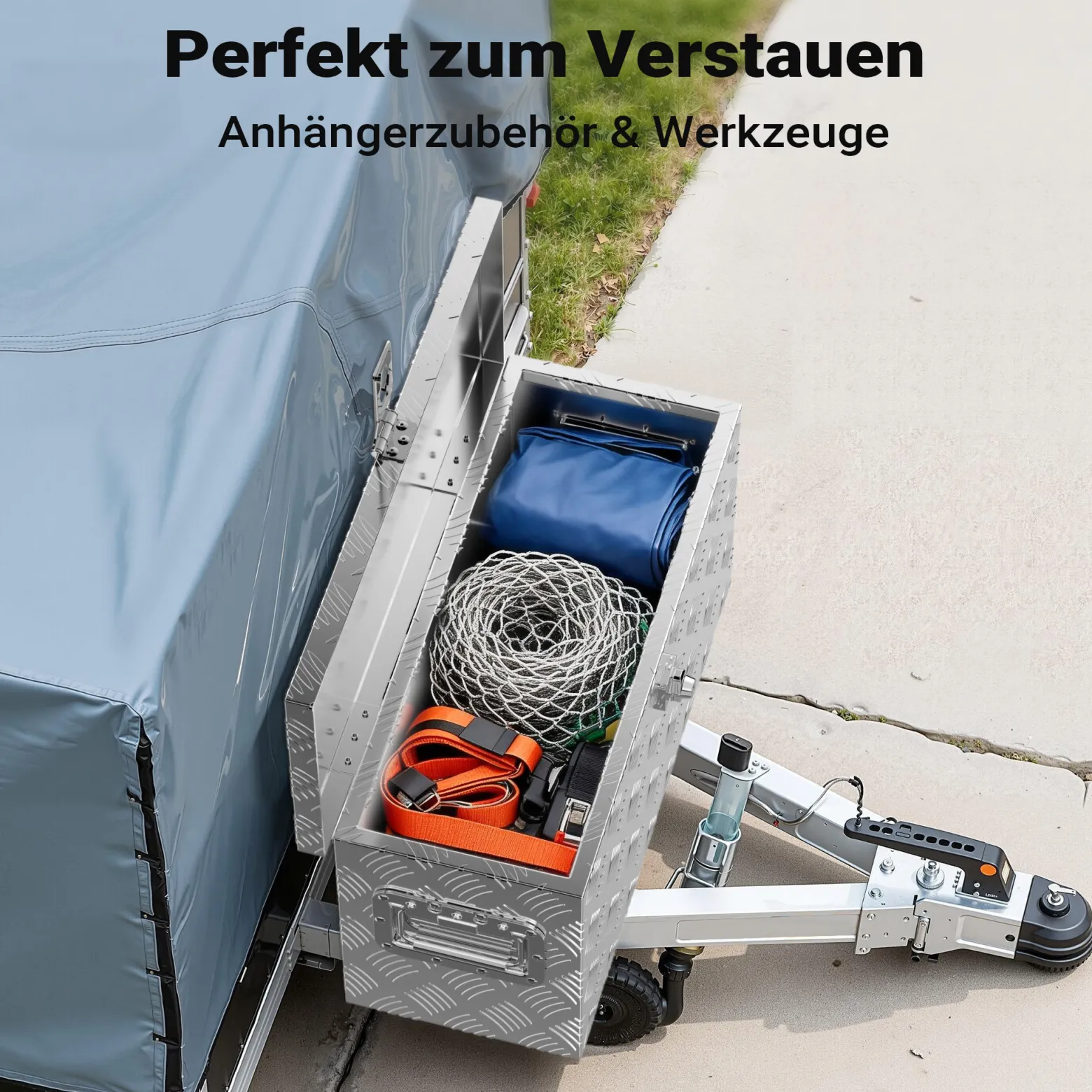 XPOtool Alu Kiste 60x25x30 cm mit Deckelüberstand verschließbar aus Aluminium Riffelblech, Truckbox, Werkzeugbox mit 2 Schlüsseln - Deichselbox Werkzeugkiste