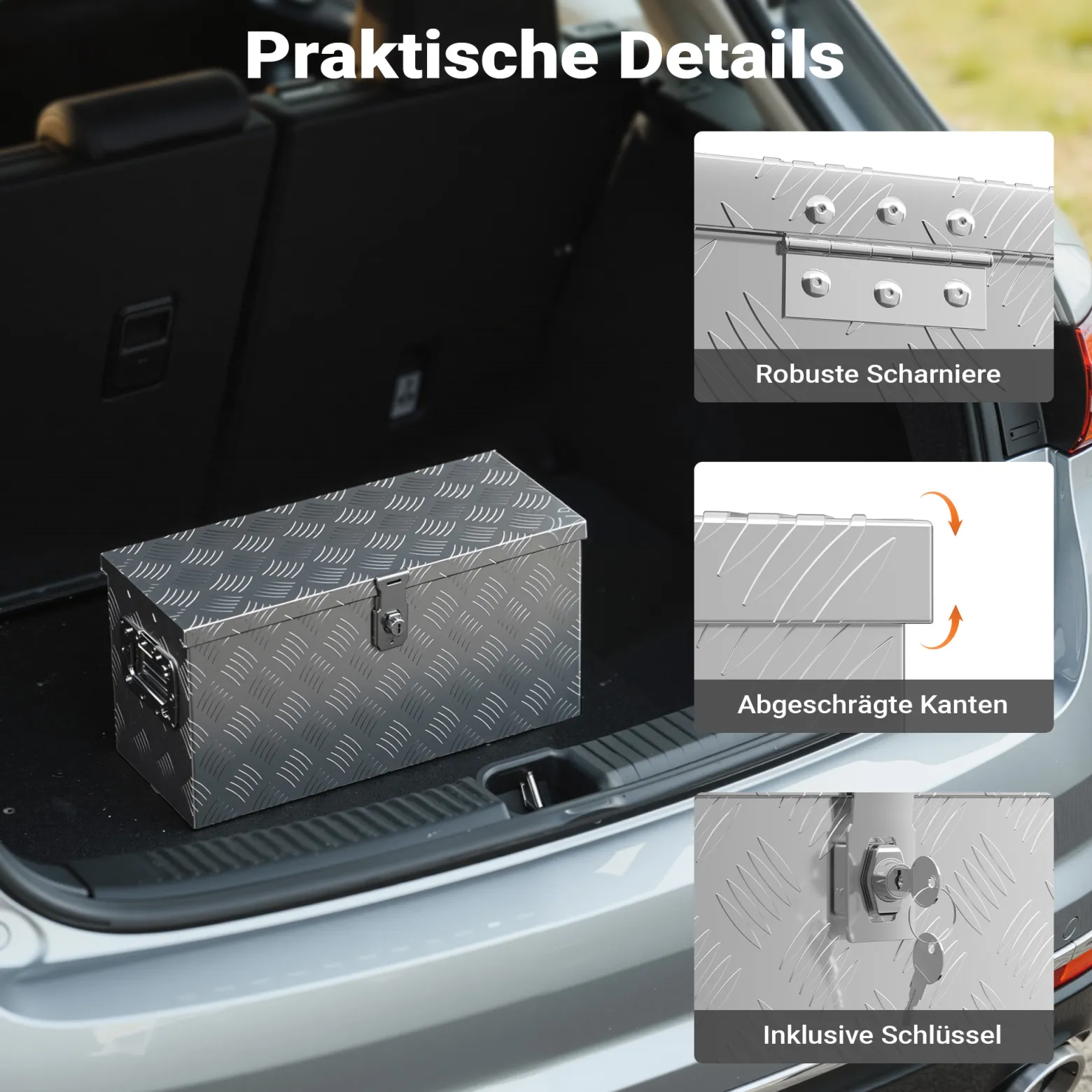 XPOtool Alu Kiste 60x25x30 cm mit Deckelüberstand verschließbar aus Aluminium Riffelblech, Truckbox, Werkzeugbox mit 2 Schlüsseln - Deichselbox Werkzeugkiste