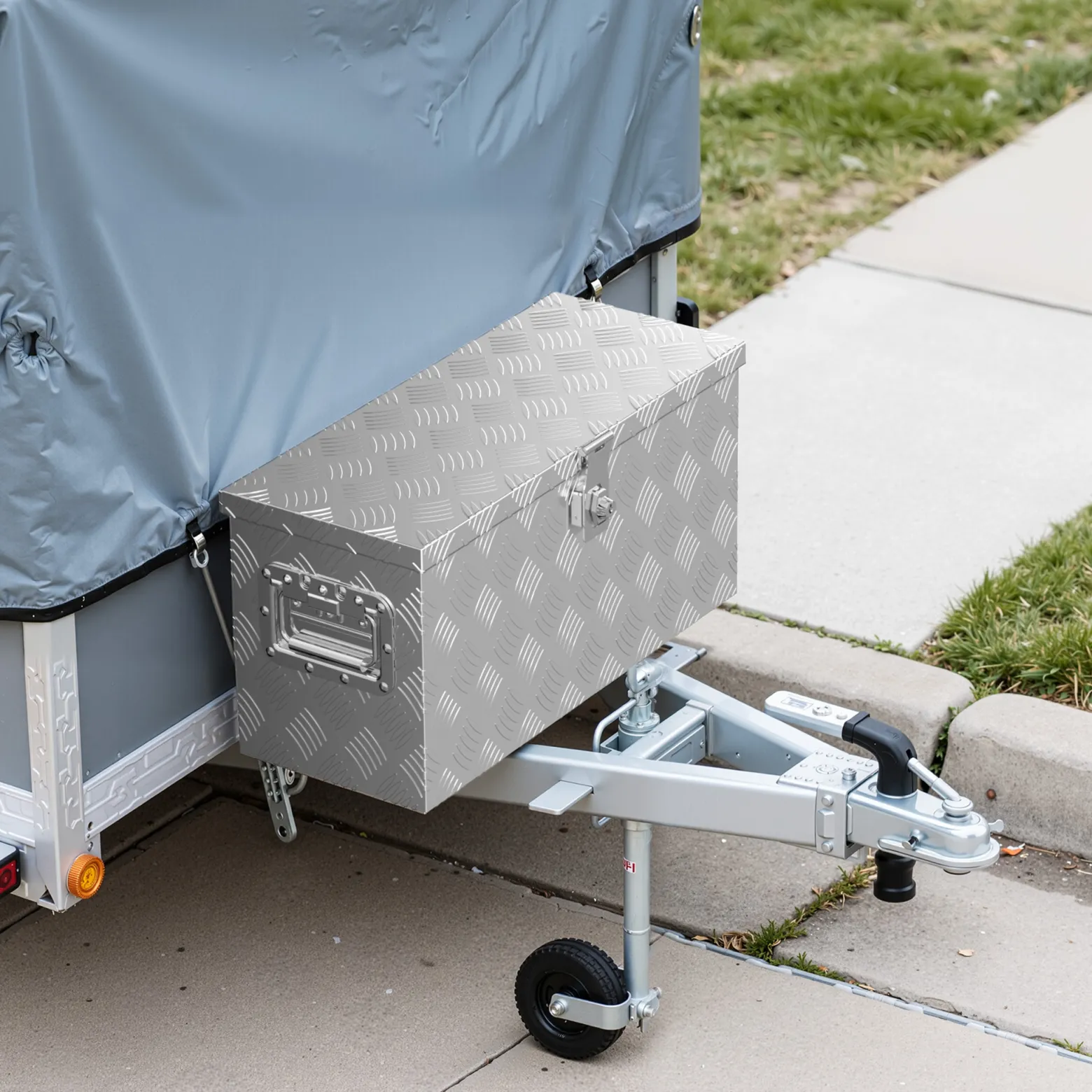 XPOtool Alu Kiste 60x25x30 cm mit Deckelüberstand verschließbar aus Aluminium Riffelblech, Truckbox, Werkzeugbox mit 2 Schlüsseln - Deichselbox Werkzeugkiste