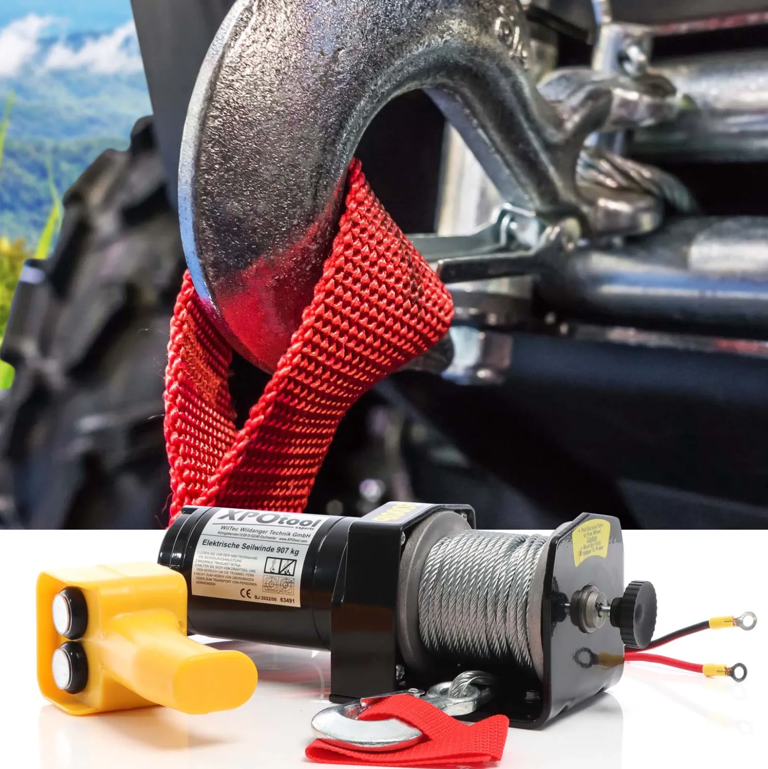 XPOtool Elektrische Seilwinde 907kg 12V, Seilzug mit 12,5m Stahlseil, 1PS Motorwinde für Offroad, Hebezug für Fahrzeuge, Anhänger und Boote