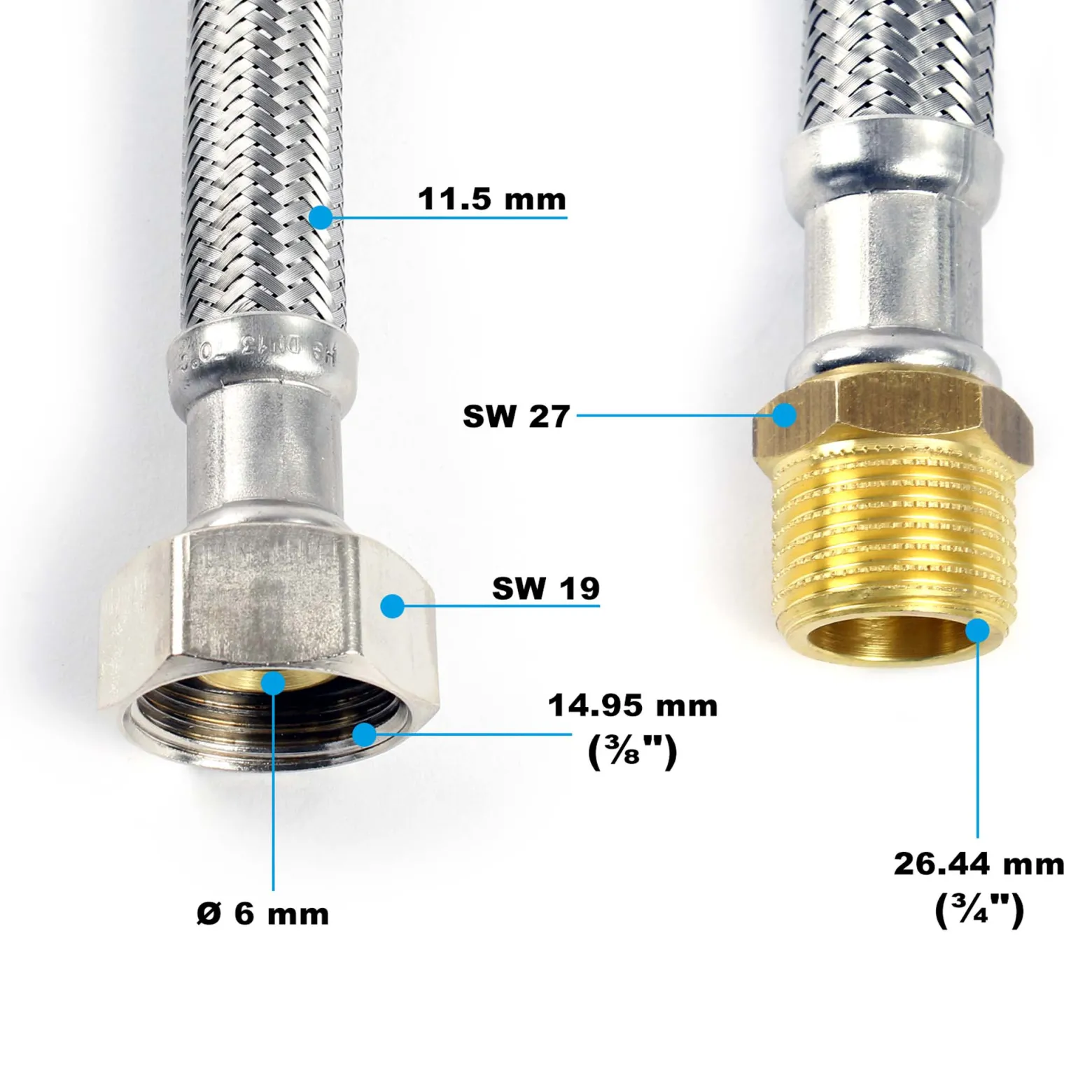 XPOtool Flexschlauch 600 mm Länge, Innendurchmesser DN8, 3/4" AG (26,44 mm), 3/8" Überwurfmutter (14,95 mm), Panzerschlauch Edelstahl EPDM