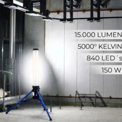 XPOtool LED Tower 150W 360° Ausleuchtung Baustrahler 15.000 Lumen Arbeitsstrahler mit Steckdose