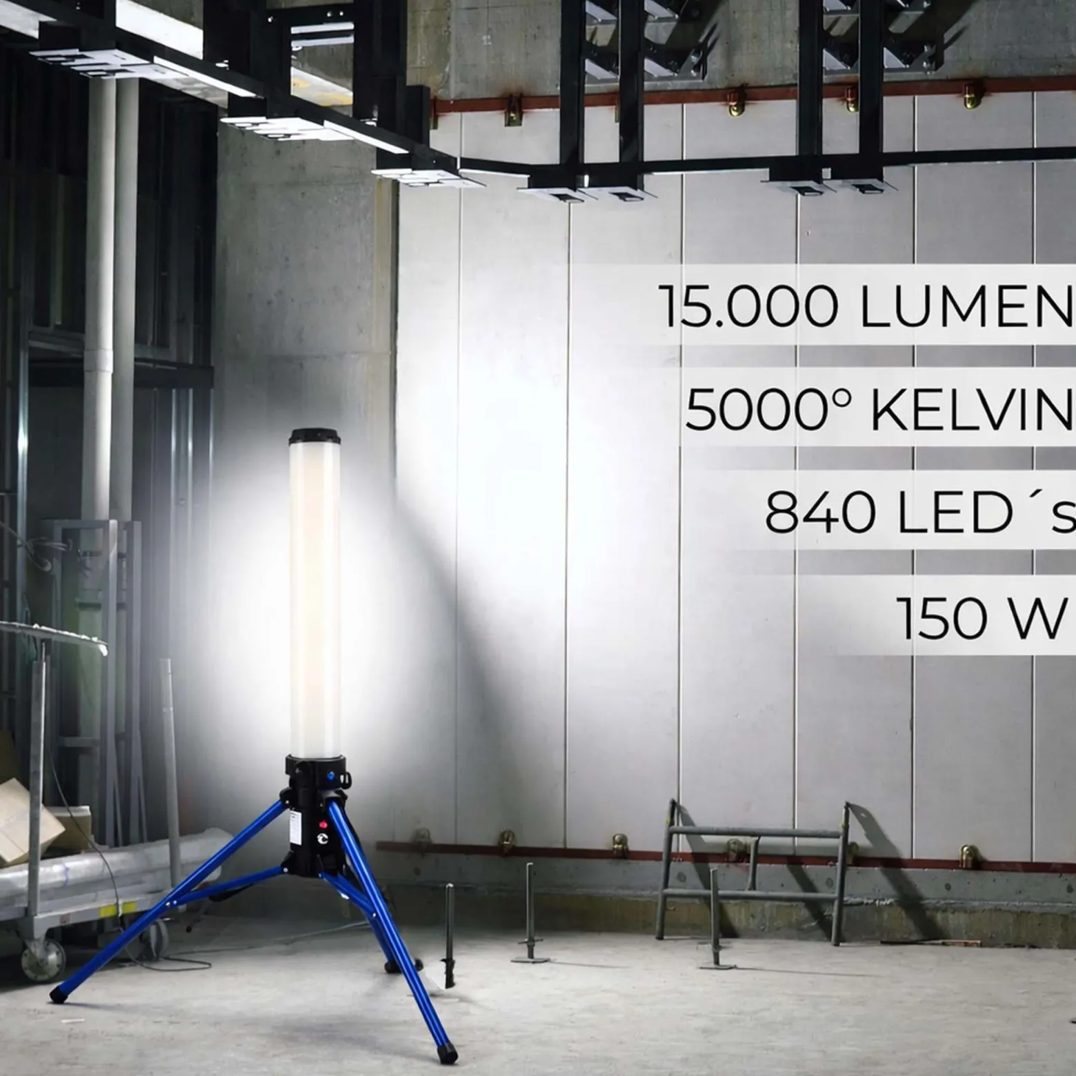 XPOtool LED Tower 150W 360° Ausleuchtung Baustrahler 15.000 Lumen Arbeitsstrahler mit Steckdose