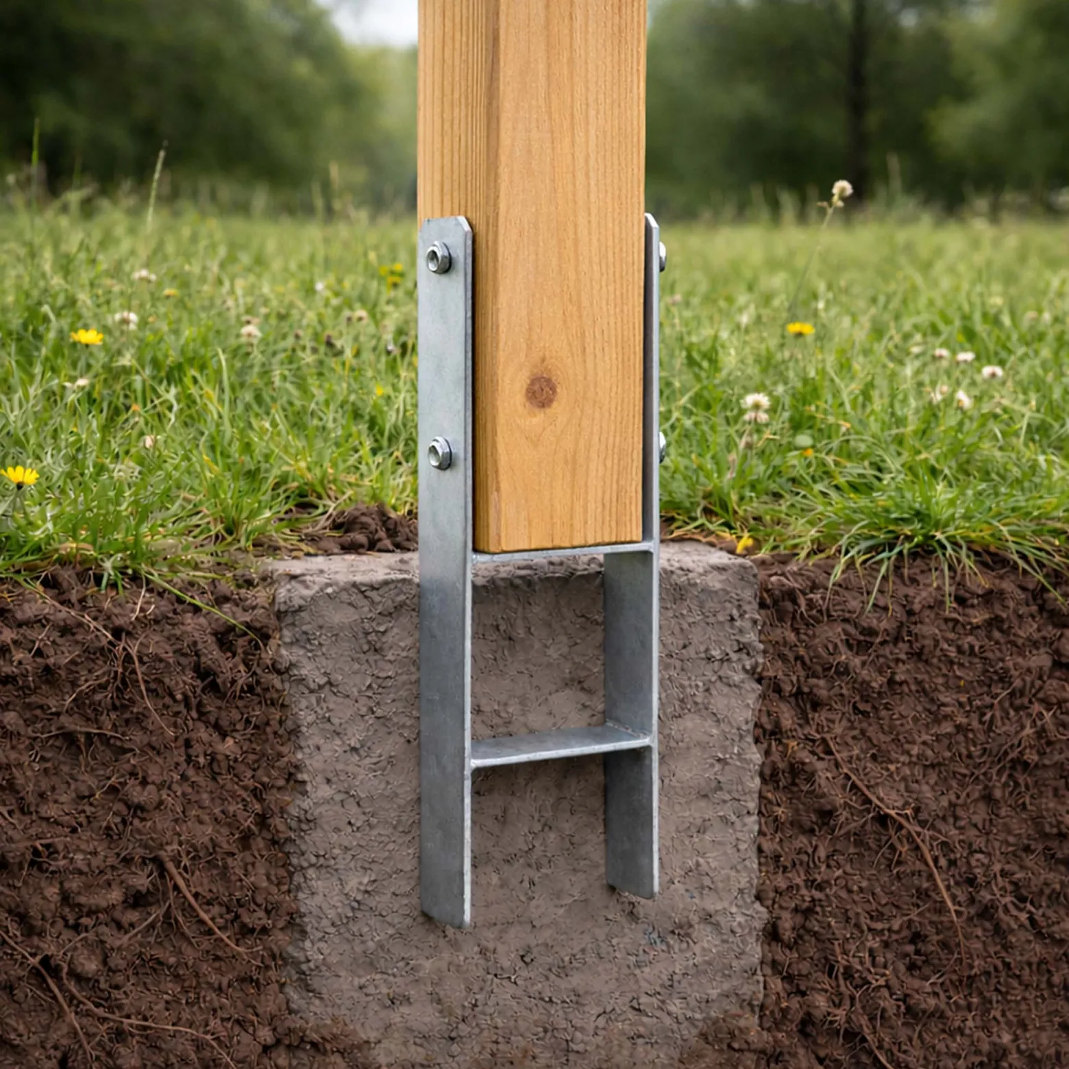 XPOtool Pfostenträger feuerverzinkt 101 x 600mm, H-Anker aus Carbonstahl, Pfostenanker mit Bohrlöchern M10 x 130, Pfostenschuh mit 2 Verstrebungen