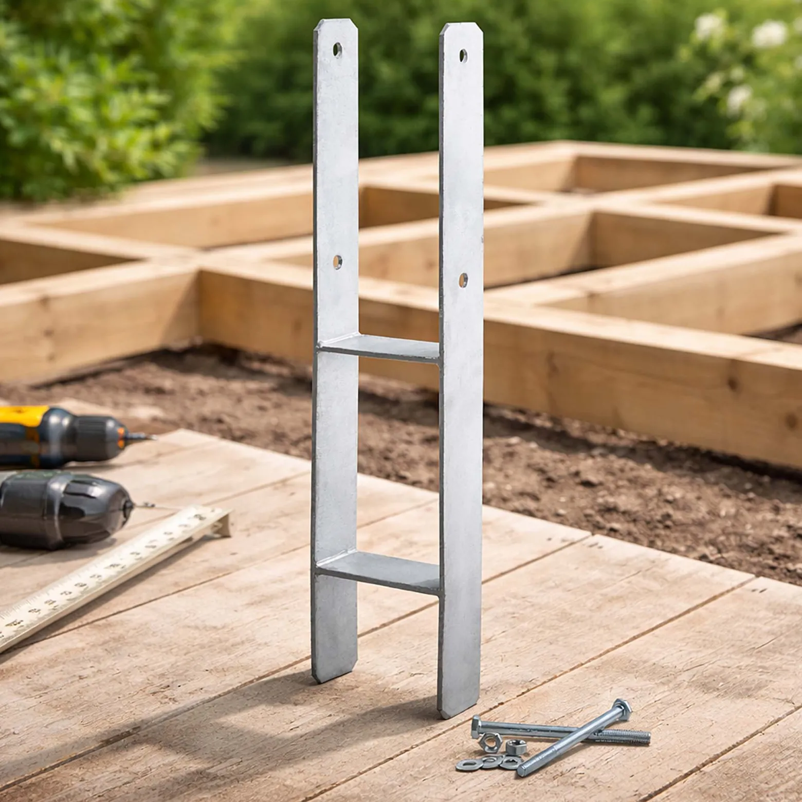 XPOtool Pfostenträger feuerverzinkt 71 x 600mm, H-Anker aus Carbonstahl, Pfostenanker mit Bohrlöchern M10 x 90, Pfostenschuh mit 2 Verstrebungen