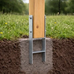 XPOtool Pfostenträger feuerverzinkt 71 x 600mm, H-Anker aus Carbonstahl, Pfostenanker mit Bohrlöchern M10 x 90, Pfostenschuh mit 2 Verstrebungen