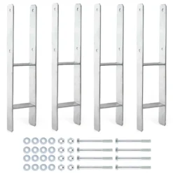 XPOtool Pfostenträger feuerverzinkt 4 Stück 71 x 600mm, H-Anker aus Carbonstahl, Pfostenanker mit Bohrlöchern M10 x 90, Pfostenschuh mit 2 Verstrebungen