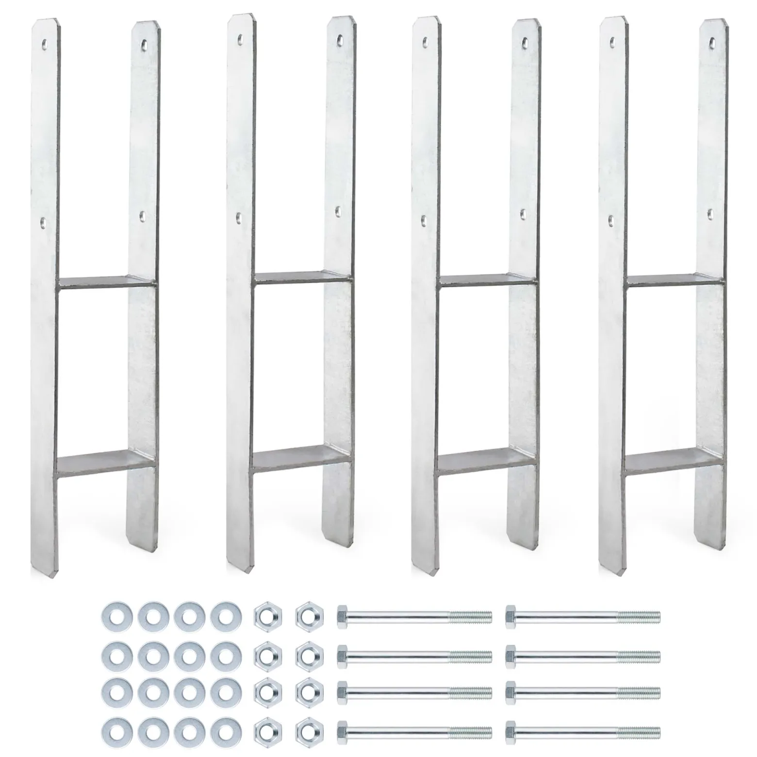 XPOtool Pfostenträger feuerverzinkt 4 Stück 71 x 600mm, H-Anker aus Carbonstahl, Pfostenanker mit Bohrlöchern M10 x 90, Pfostenschuh mit 2 Verstrebungen