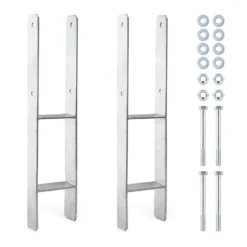 XPOtool Pfostenträger feuerverzinkt 2 Stück 91 x 600 mm, H-Anker aus Carbonstahl, Pfostenanker mit Bohrlöchern M10 x 110, Pfostenschuh mit 2 Verstrebungen