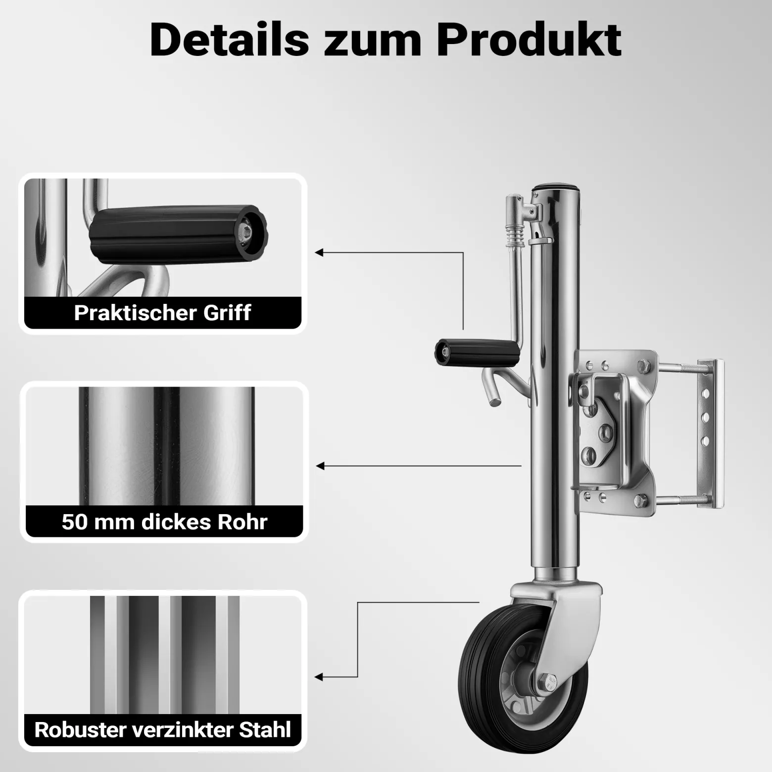 XPOtool Schwerlast Stützrad bis 540 kg, Anhängerstütze mit bis zu 260 mm Hubhöhe, Stützlast Bugrad mit Halterung für PKW und Anhänger mit Kurbel