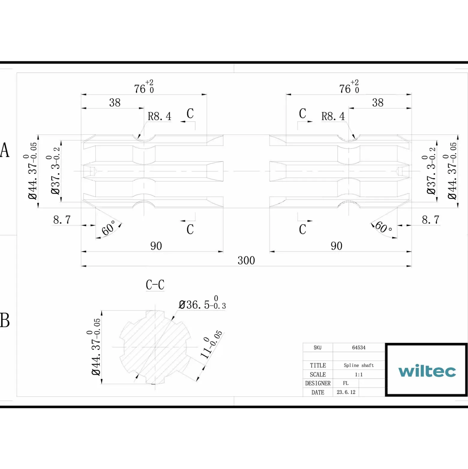 Zapfwellen Keilwelle C2 300 mm Vielkeilwelle für PTO-Shaft mit 1 3/4" Z6 6 Zähne Traktor Anbaugerät