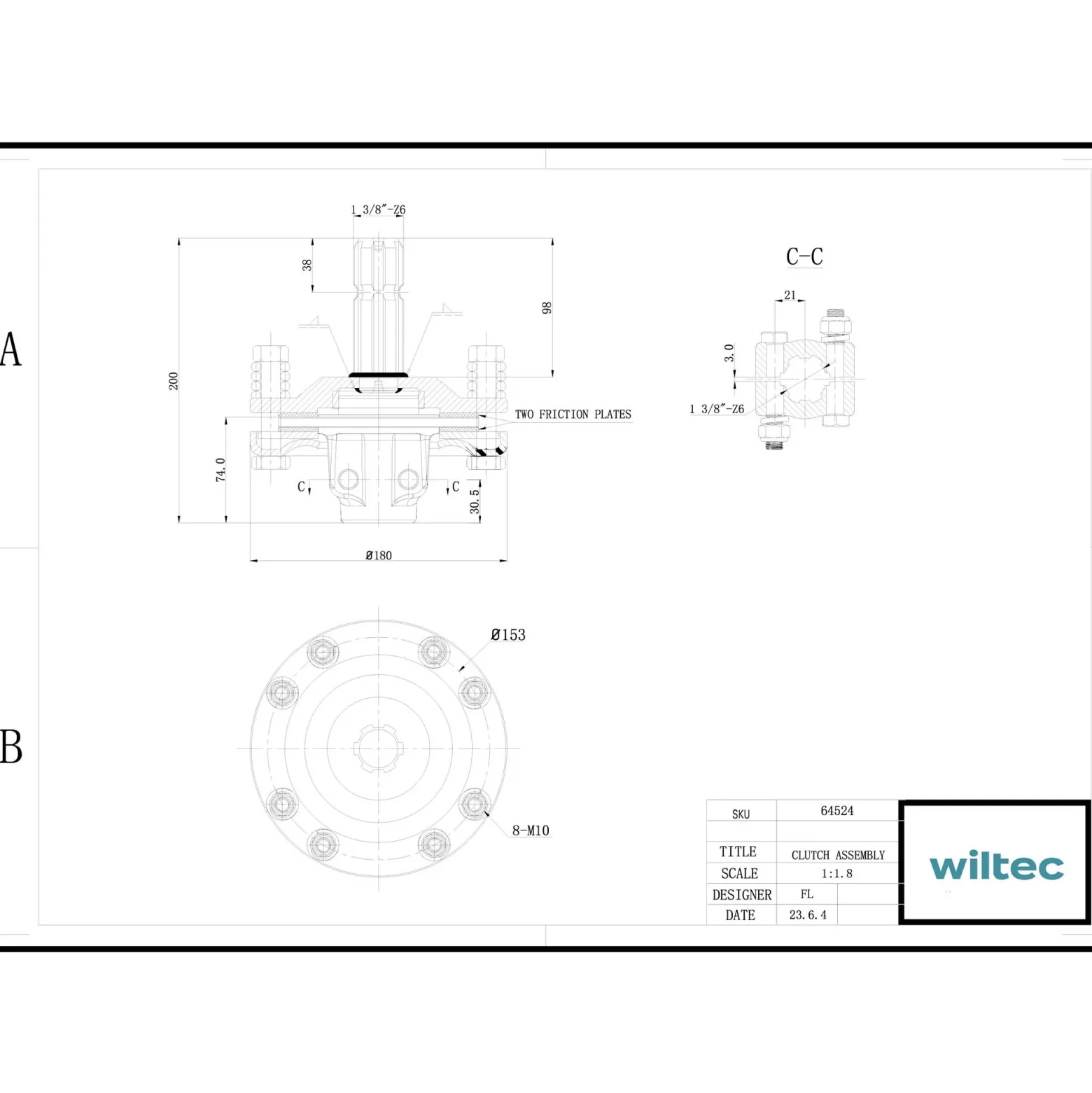 Zapfwellen Kupplung für 6 Zahn Keilwelle 1 3/8" AG und IG, PTO-Shaft mit max. 1200Nm, gelb
