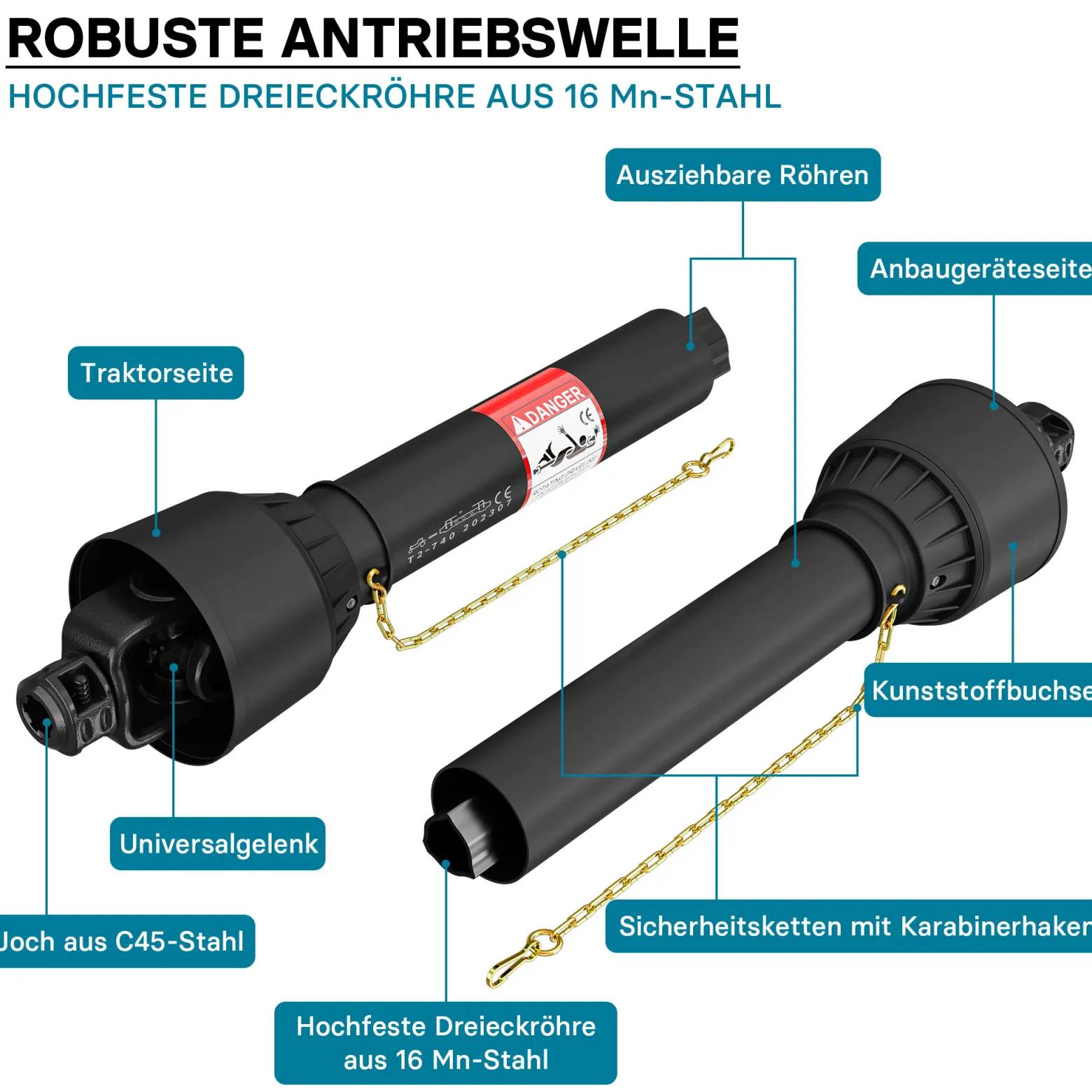 Zapfwelle T2 Gelenkwelle 740mm 270Nm 540U/min, PTO-Shaft, 23kW (31PS), 2x 1 3/8" 6 Zähne
