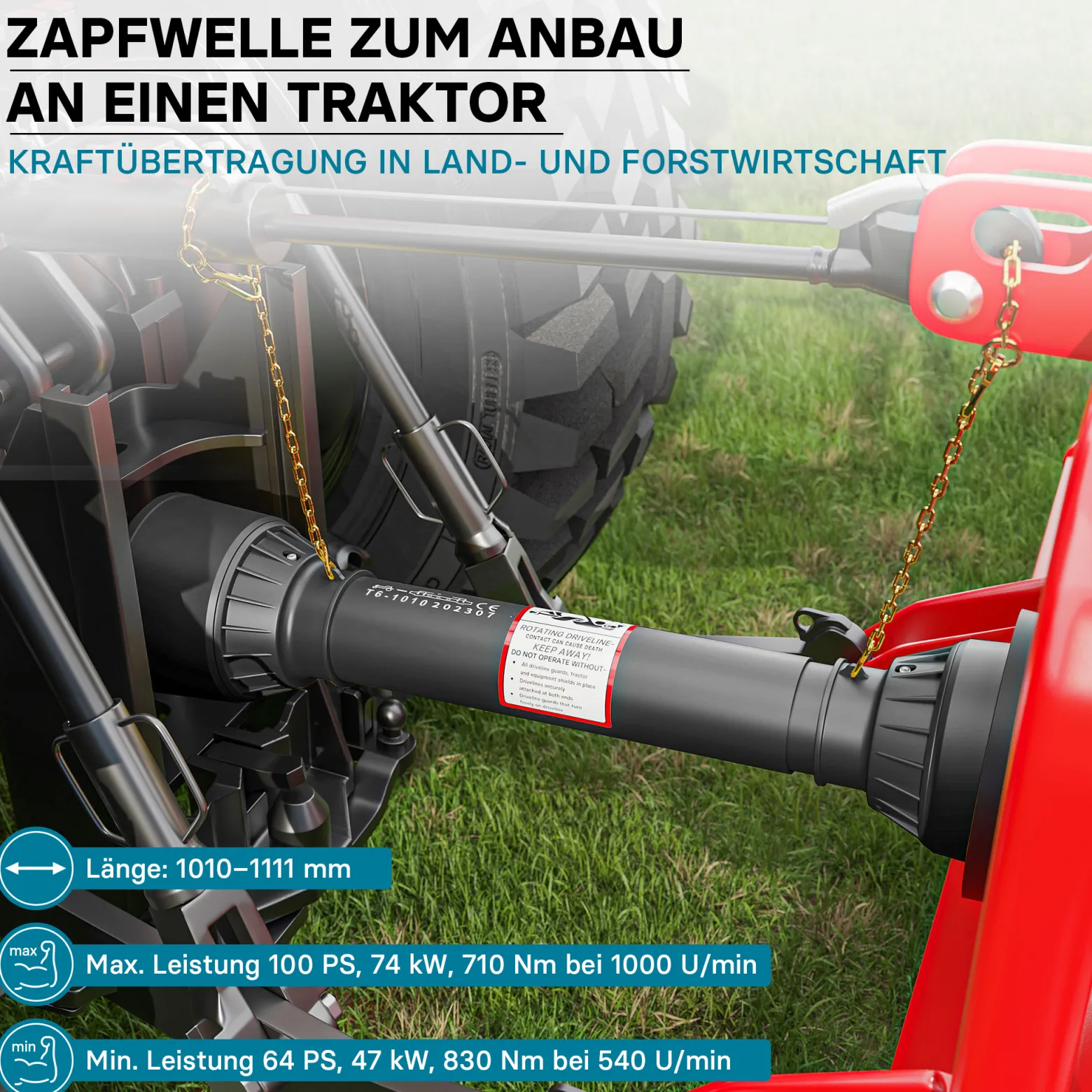 Zapfwelle T6 Gelenkwelle 1010-1111mm 830Nm 540U/min, PTO-Shaft, 74kW (100PS), 2x 1 3/8" 6 Zähne
