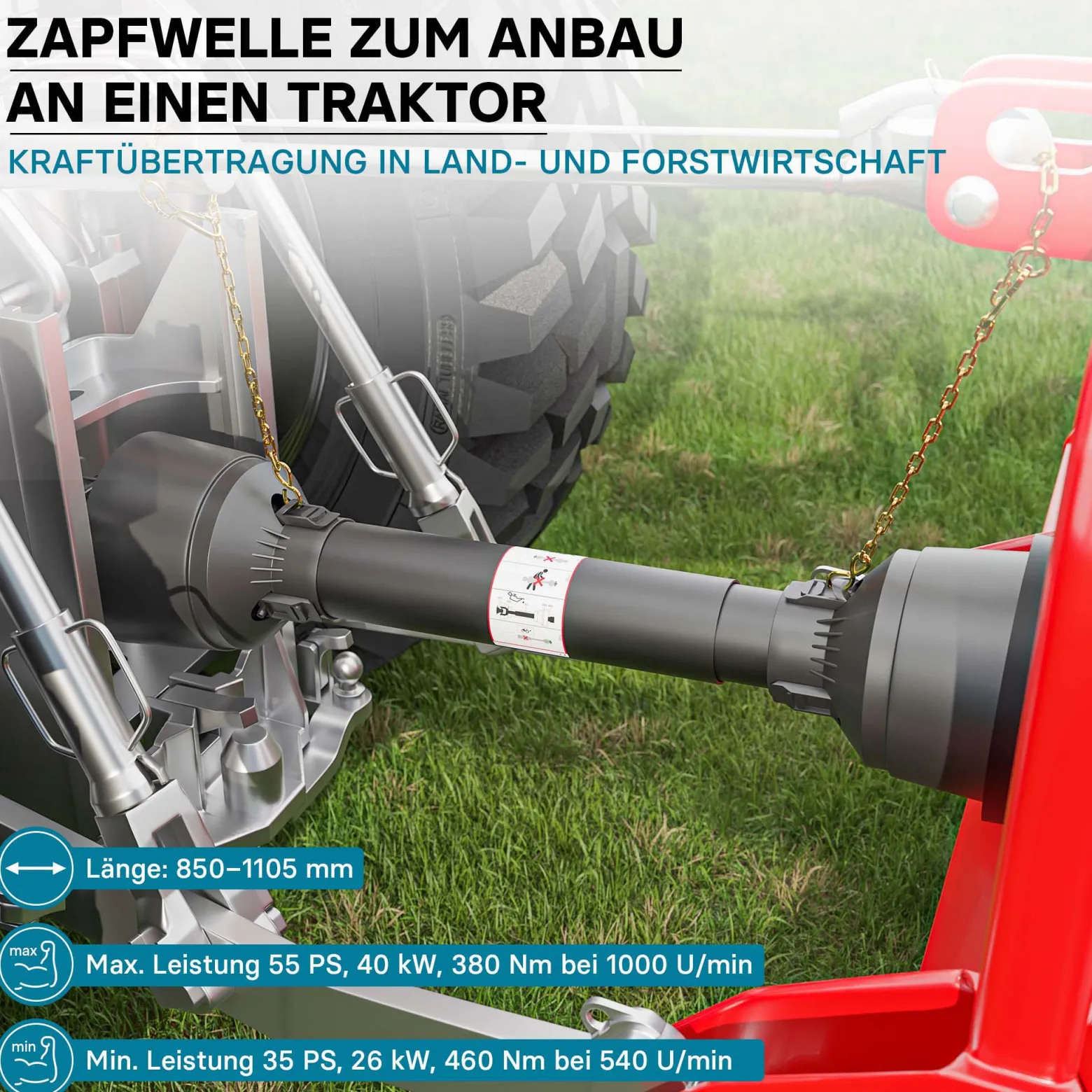 Zapfwelle T4 Gelenkwelle 850-935mm 460Nm 540U/min, PTO-Shaft, 40kW (55PS), 2x 1 3/8" 6 Zähne