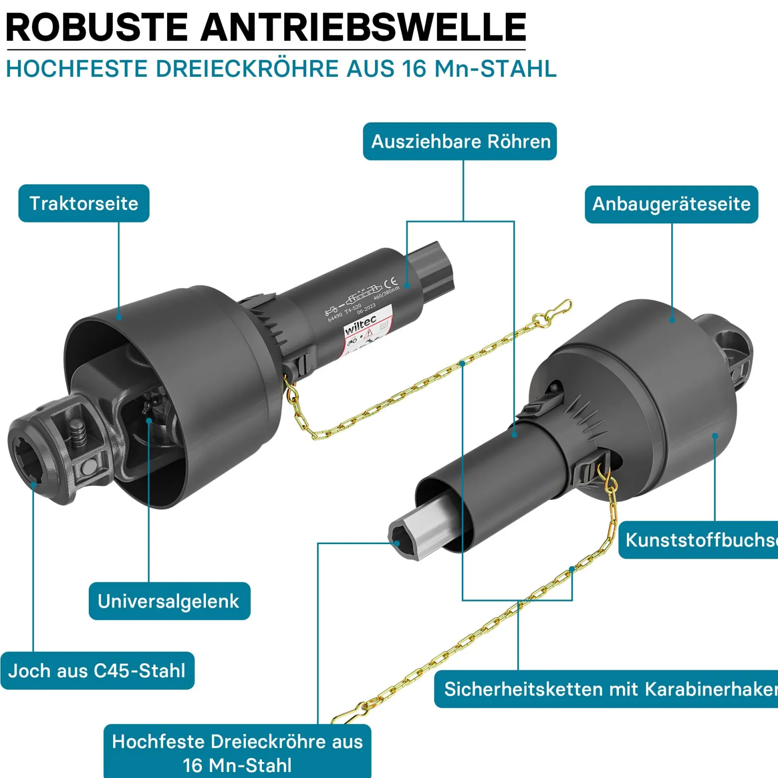 Zapfwelle T4 Gelenkwelle 520mm 460Nm 540U/min, PTO-Shaft, 40kW (55PS), 2x 1 3/8" 6 Zähne