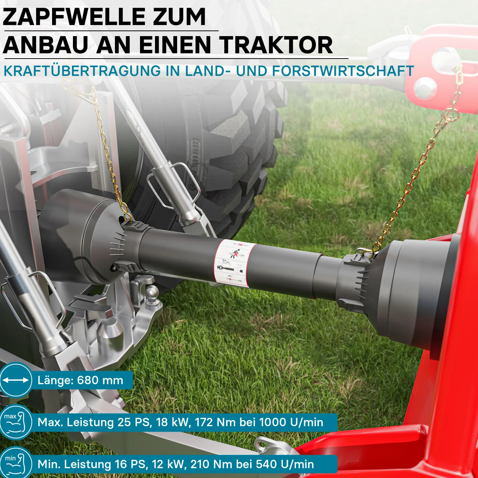 Zapfwelle T1 Gelenkwelle 680mm 210Nm 540U/min, PTO-Shaft, 18kW (25PS), 2x 1 3/8" 6 Zähne