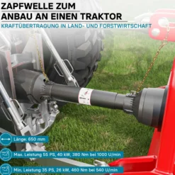 Zapfwelle T4 Gelenkwelle 650mm 460Nm 540U/min, PTO-Shaft, 40kW (55PS), 2x 1 3/8